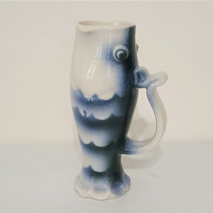 Vintage Signed J Leach Studio Art Pottery Fish Koi Pitcher Vase Mug 8"
